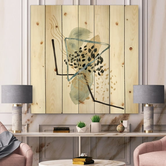Designart 'Minimalistic Golden Polka Dots and Ink Mountains' Modern Print on Natural Pine Wood