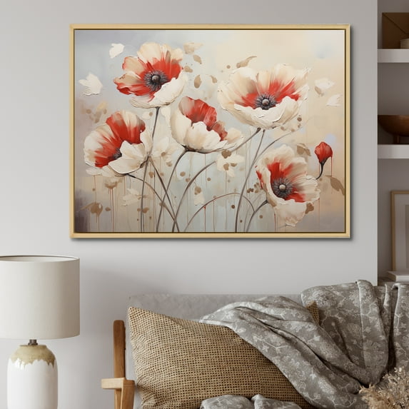 Designart "Minimalistic Grace In Poppy Blossoms" Poppies Floater Framed Wall Art Living Room