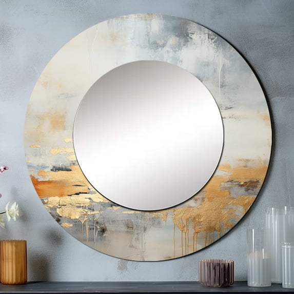 Designart "Minimalistic Horizon With Beige And Gold Waves" Minimalism Rund Mirror For Wall Decor - Large Beige Round Print Mirror - Round Coastal Mirror - Wall Mounted Round Large Mirror - 23" x 23"