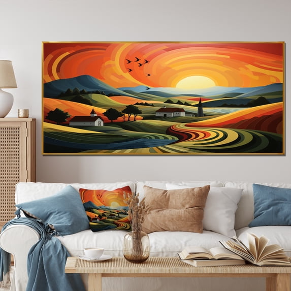 Designart "Minimalistic Indiana Farm Countryside Views I" Oversized Architecture Framed Wall Art - Farmhouse Orange Barns Entryway Framed Wall Art