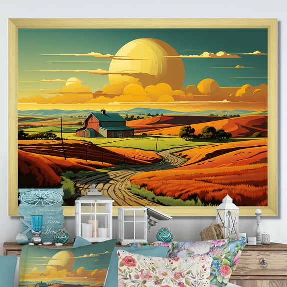 Designart "Minimalistic Indiana Farm Countryside Views II" Architecture Framed Wall Art Decor - Farmhouse Orange Barns Bedroom Framed Canvas Wall Art