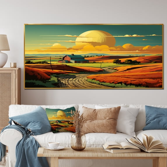 Designart "Minimalistic Indiana Farm Countryside Views II" Extra Large Architecture Framed Wall Art - Farmhouse Orange Barns Hallway Framed Wall Art Decor