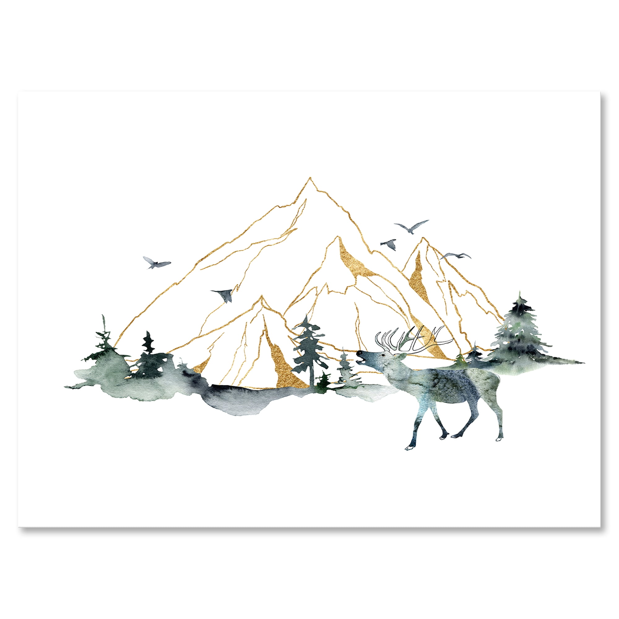 Designart ' Minimalistic Landscape of Forest Deer and Mountains ' Modern Canvas Wall Art Print