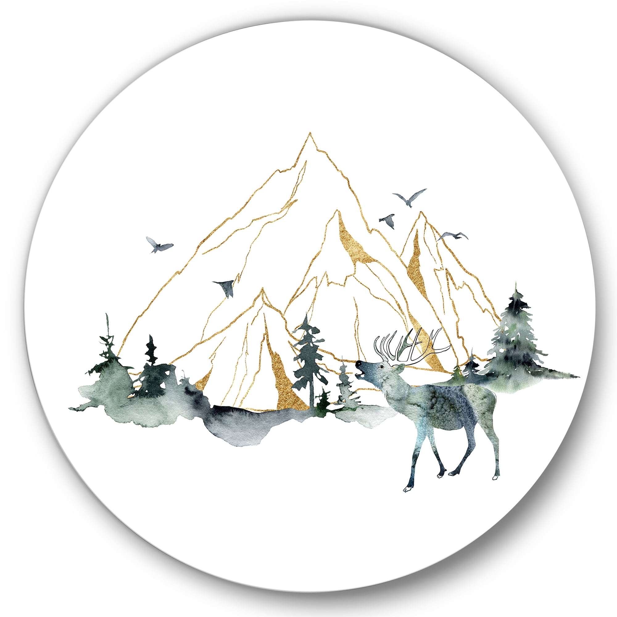 Designart 'Minimalistic Landscape of Forest Deer and Mountains' Modern Circle Metal Wall Art 29x29 - Disc of 29