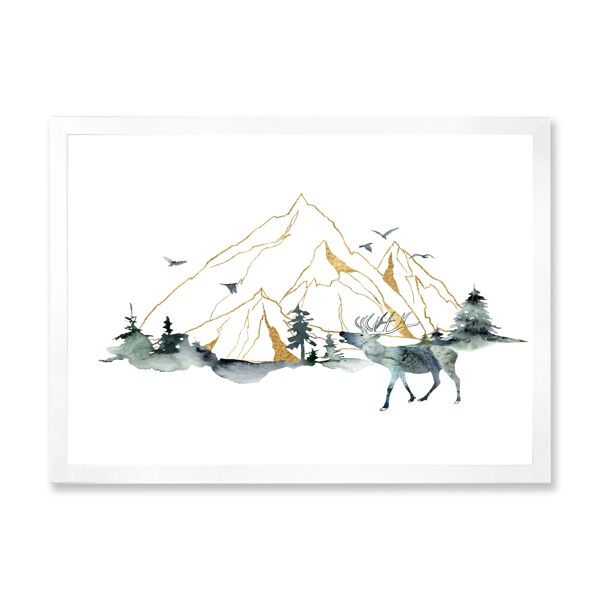 Designart 'Minimalistic Landscape of Forest Deer and Mountains' Modern Framed Art Print