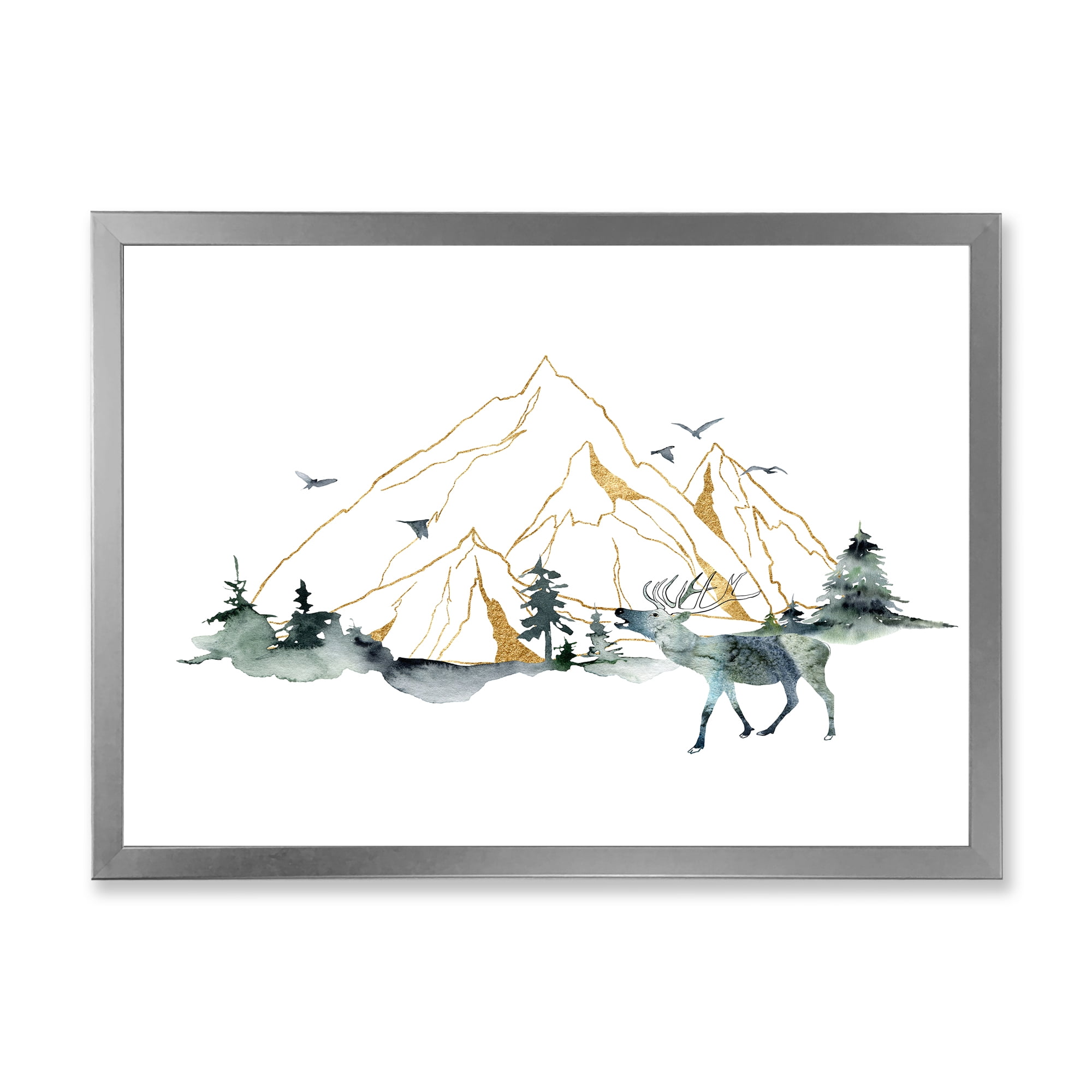 Designart 'Minimalistic Landscape of Forest Deer and Mountains' Modern Framed Art Print