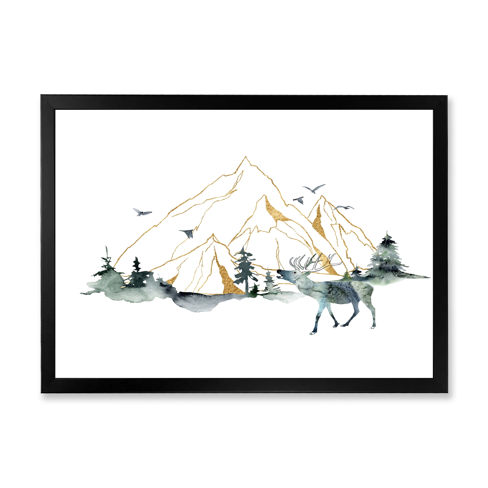 Designart 'Minimalistic Landscape of Forest Deer and Mountains' Modern Framed Art Print