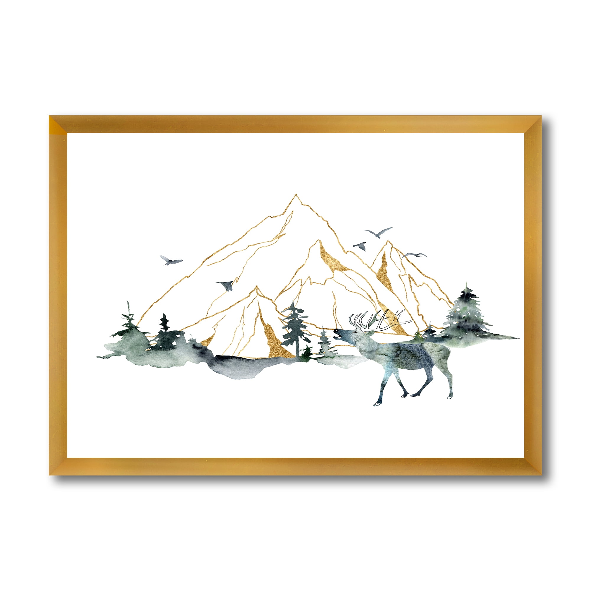 Designart 'Minimalistic Landscape of Forest Deer and Mountains' Modern Framed Art Print
