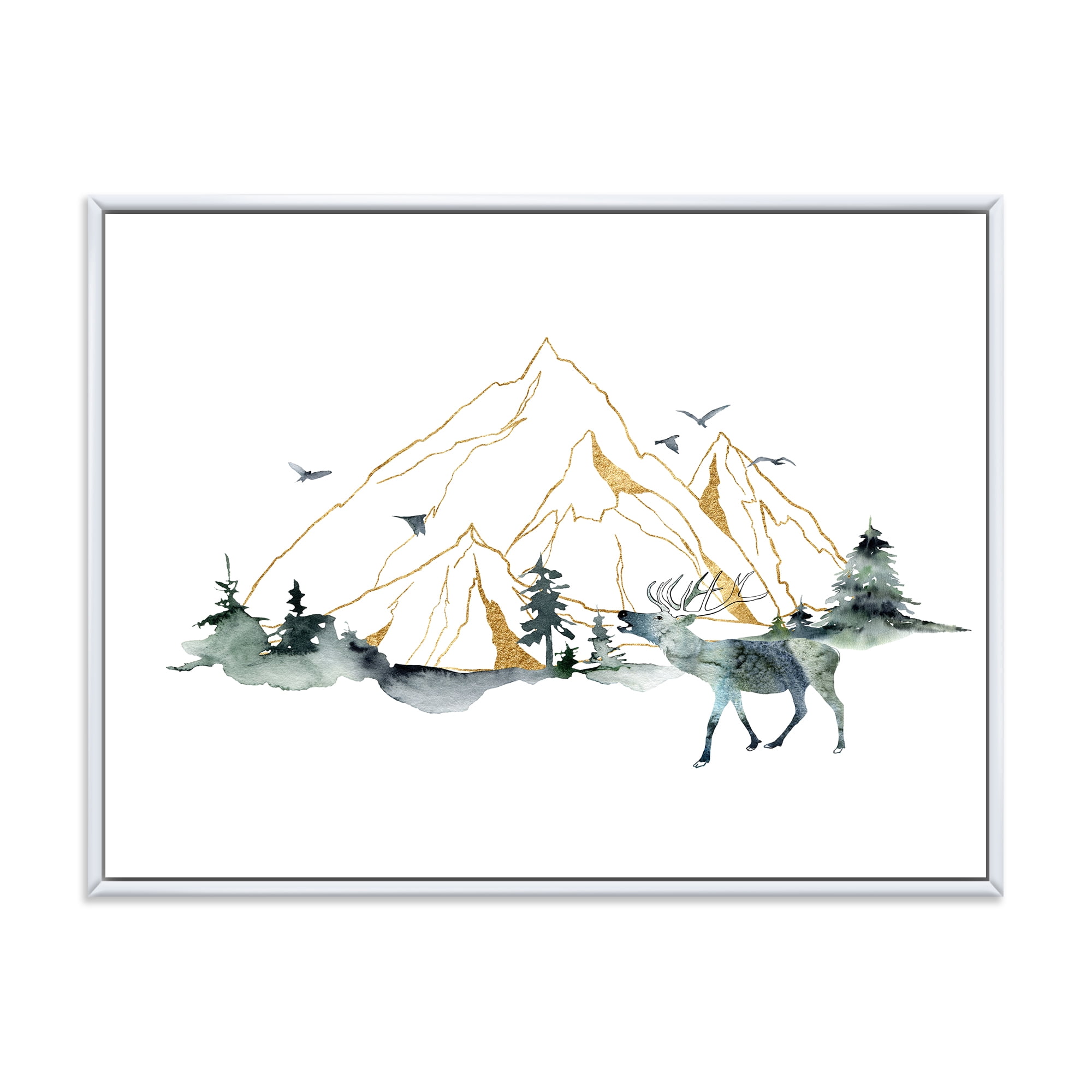 Designart 'Minimalistic Landscape of Forest Deer and Mountains' Modern Framed Canvas Wall Art Print