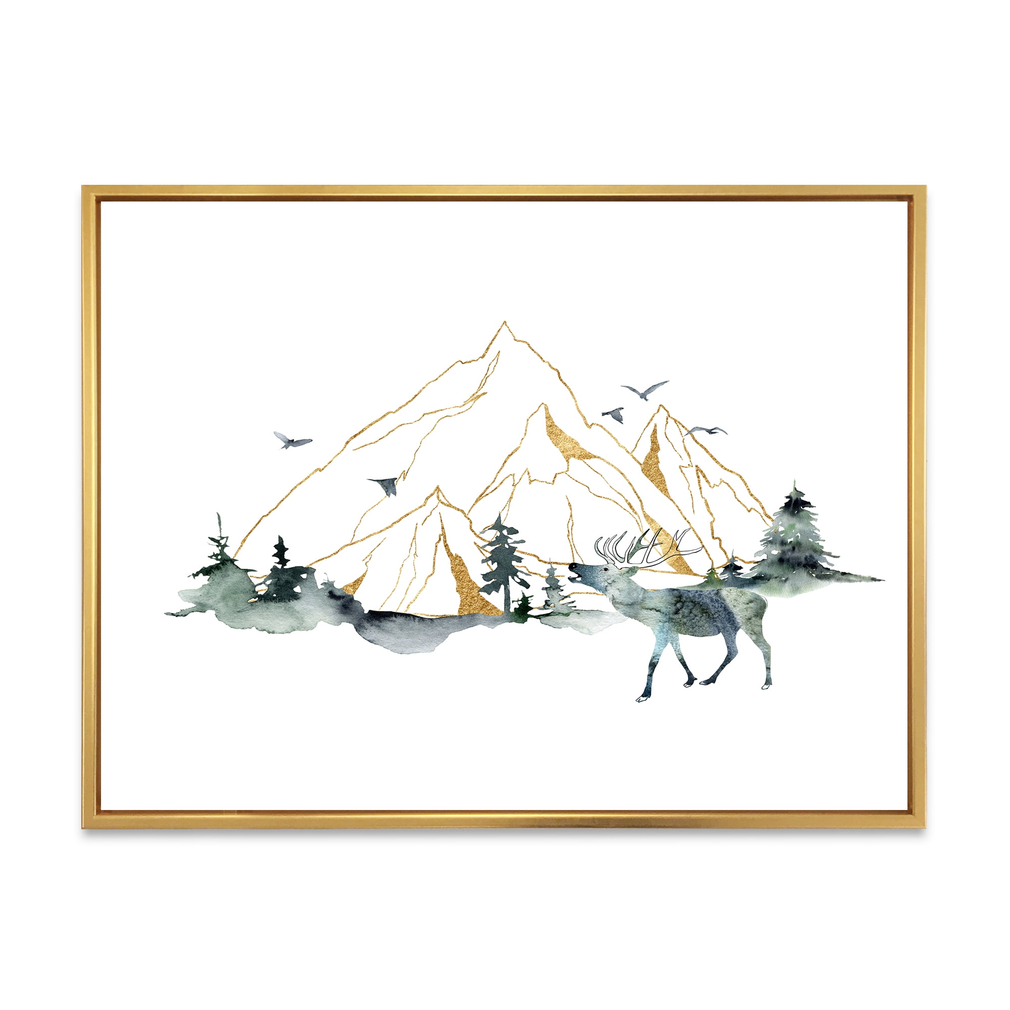 Designart 'Minimalistic Landscape of Forest Deer and Mountains' Modern Framed Canvas Wall Art Print