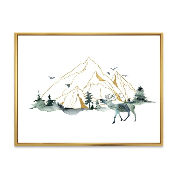 Designart 'Minimalistic Landscape of Forest Deer and Mountains' Modern Framed Canvas Wall Art Print