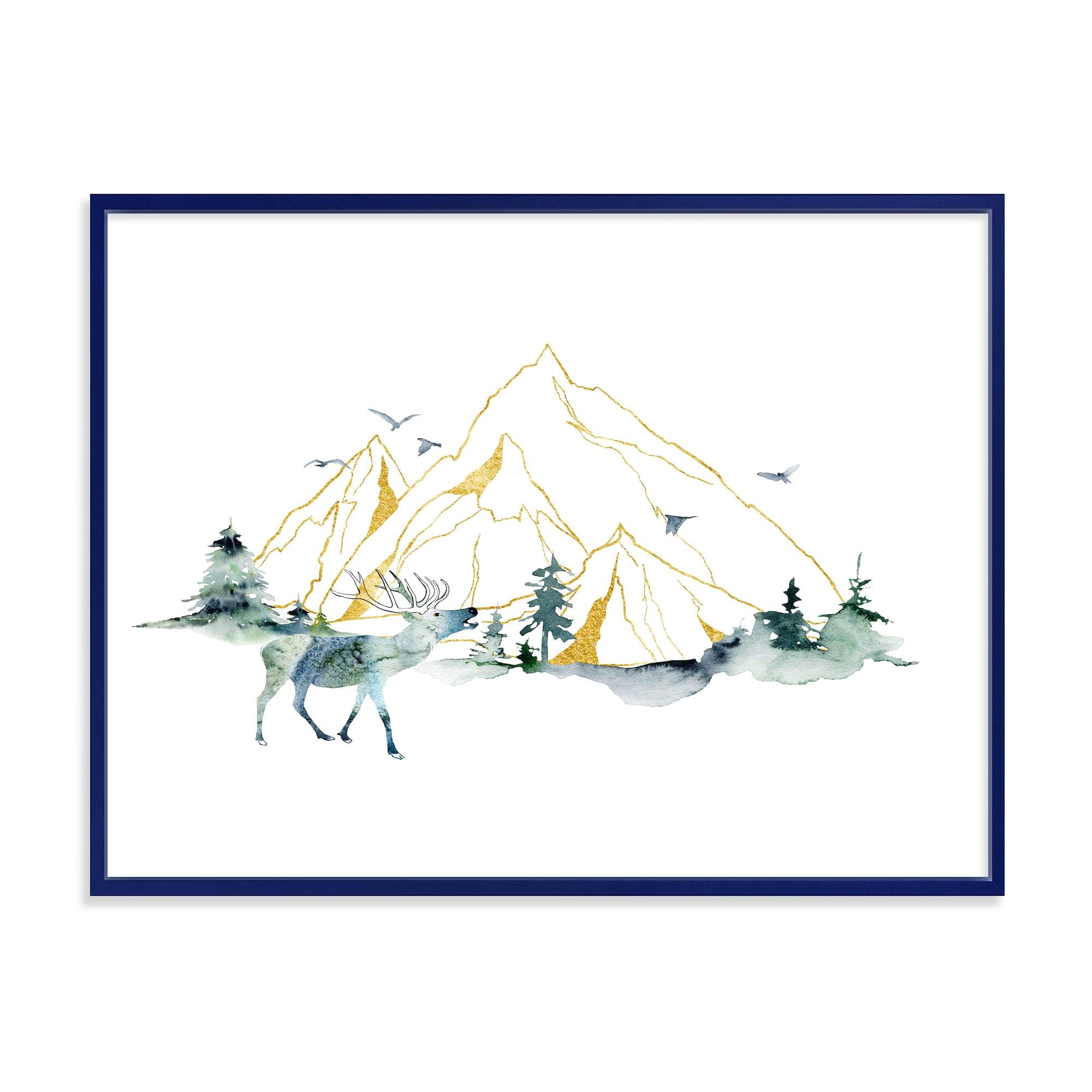 Designart 'Minimalistic Landscape of Forest Deer and Mountains' Modern Framed Canvas Wall Art Print