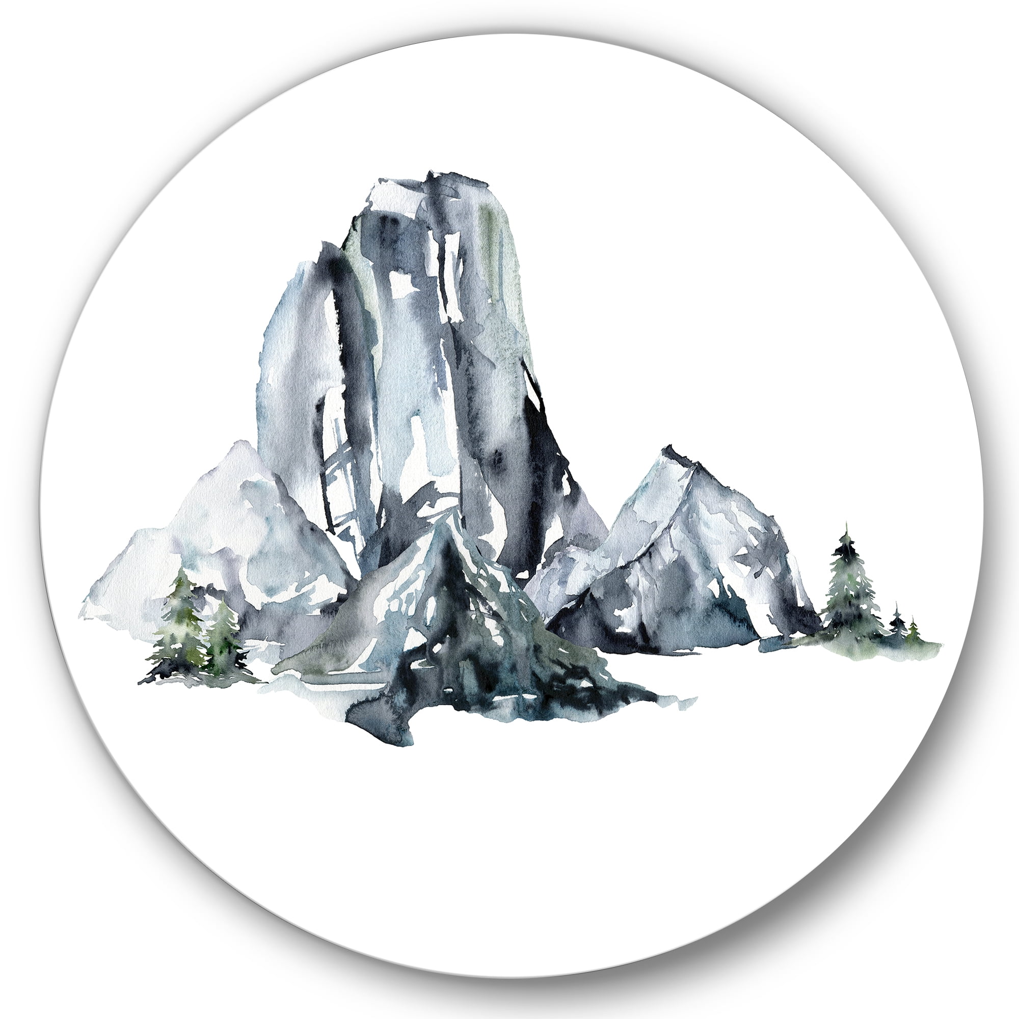 Designart 'Minimalistic Landscape of Forest and Mountains' Modern Circle Metal Wall Art 11x11 - Disc of 11