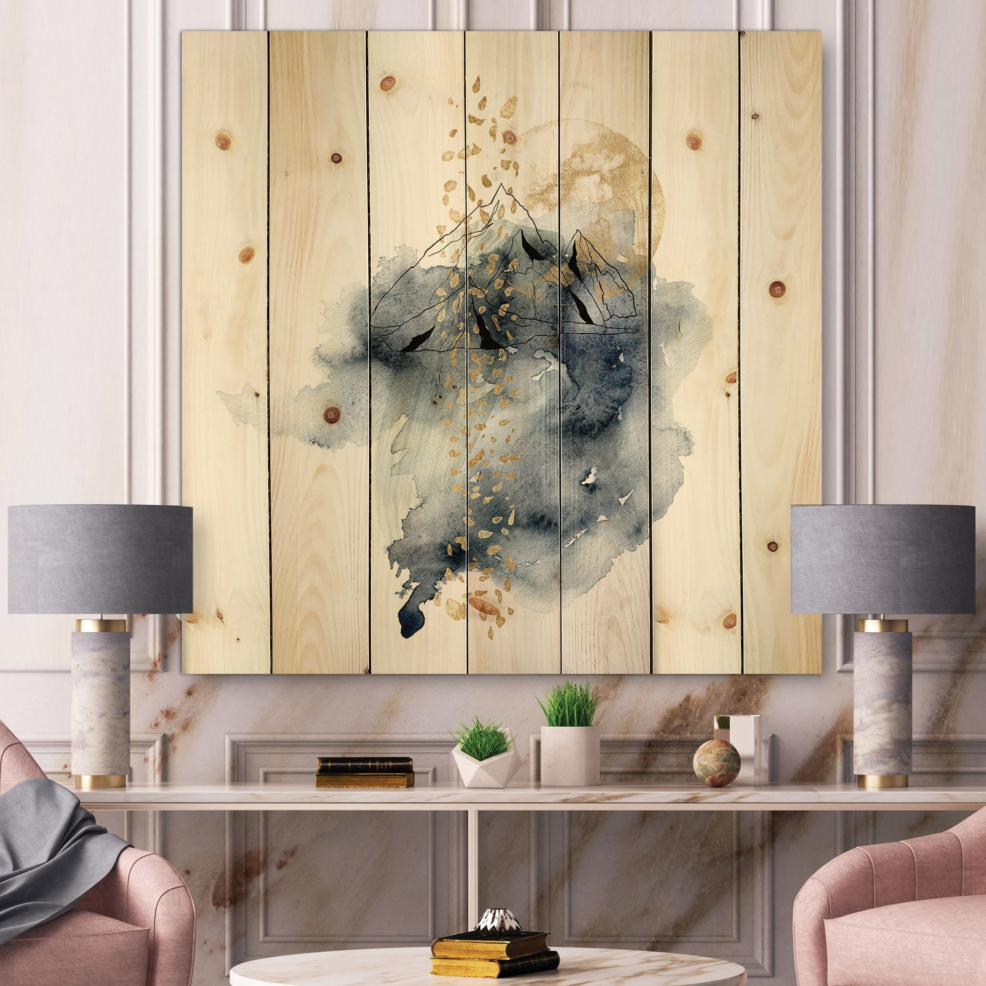 Designart 'Minimalistic Landscape of Moon With Mountains' Modern Print on Natural Pine Wood