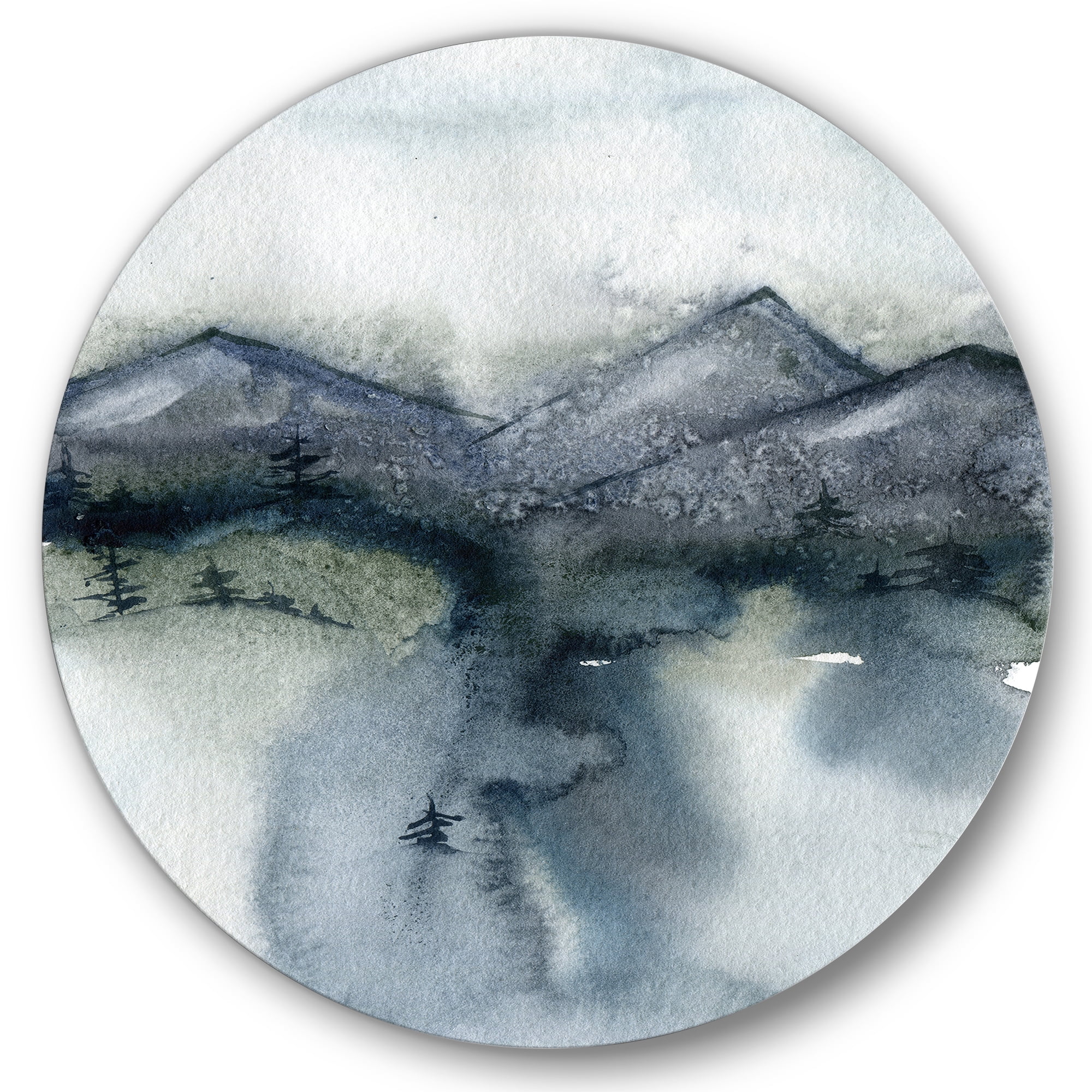 Designart 'Minimalistic Landscape of Mountains Snow and Trees' Modern Circle Metal Wall Art 29x29 - Disc of 29