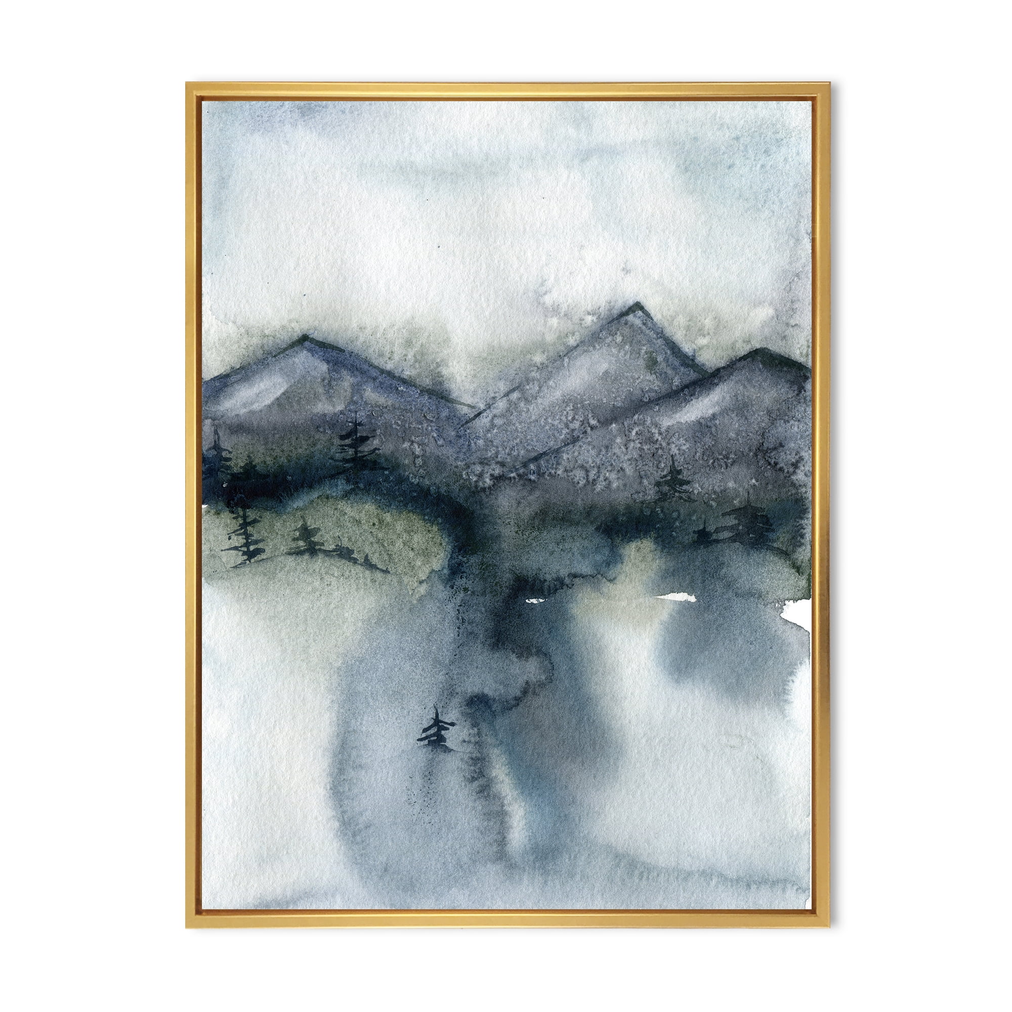 Designart 'Minimalistic Landscape of Mountains Snow and Trees' Modern Framed Canvas Wall Art Print