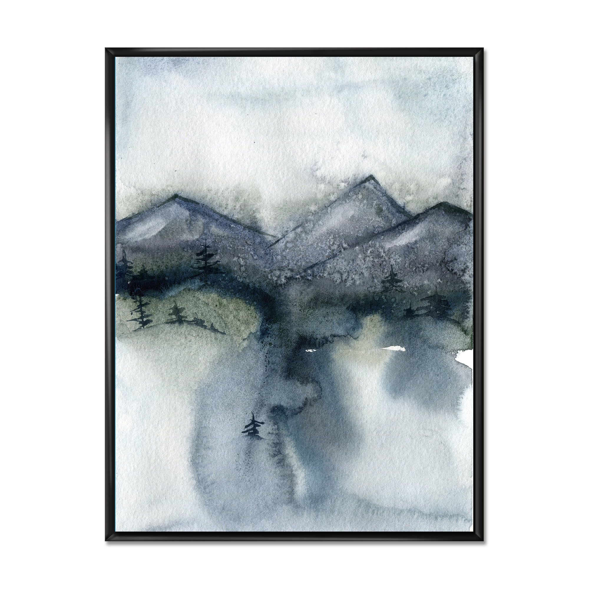 Designart 'Minimalistic Landscape of Mountains Snow and Trees' Modern Framed Canvas Wall Art Print