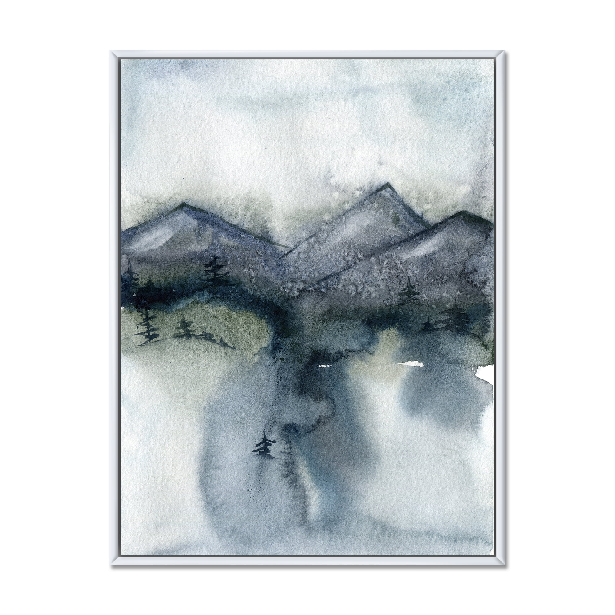 Designart 'Minimalistic Landscape of Mountains Snow and Trees' Modern Framed Canvas Wall Art Print