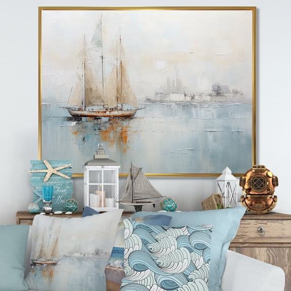 Designart "Minimalistic Outlook Of The Port I" Port Landscape Floater Framed Canvas Prints