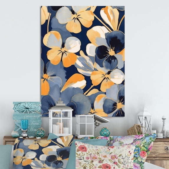 Designart "Minimalistic Pansies in Black and Yellow I" Floral Metal Art Print
