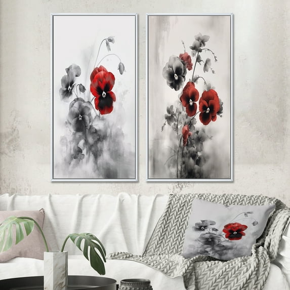 Designart "Minimalistic Pansies in Red and Grey II" Floral Framed Wall Art Set Of 2 - Red Floral Framed Canvas Set For Living Room Decor