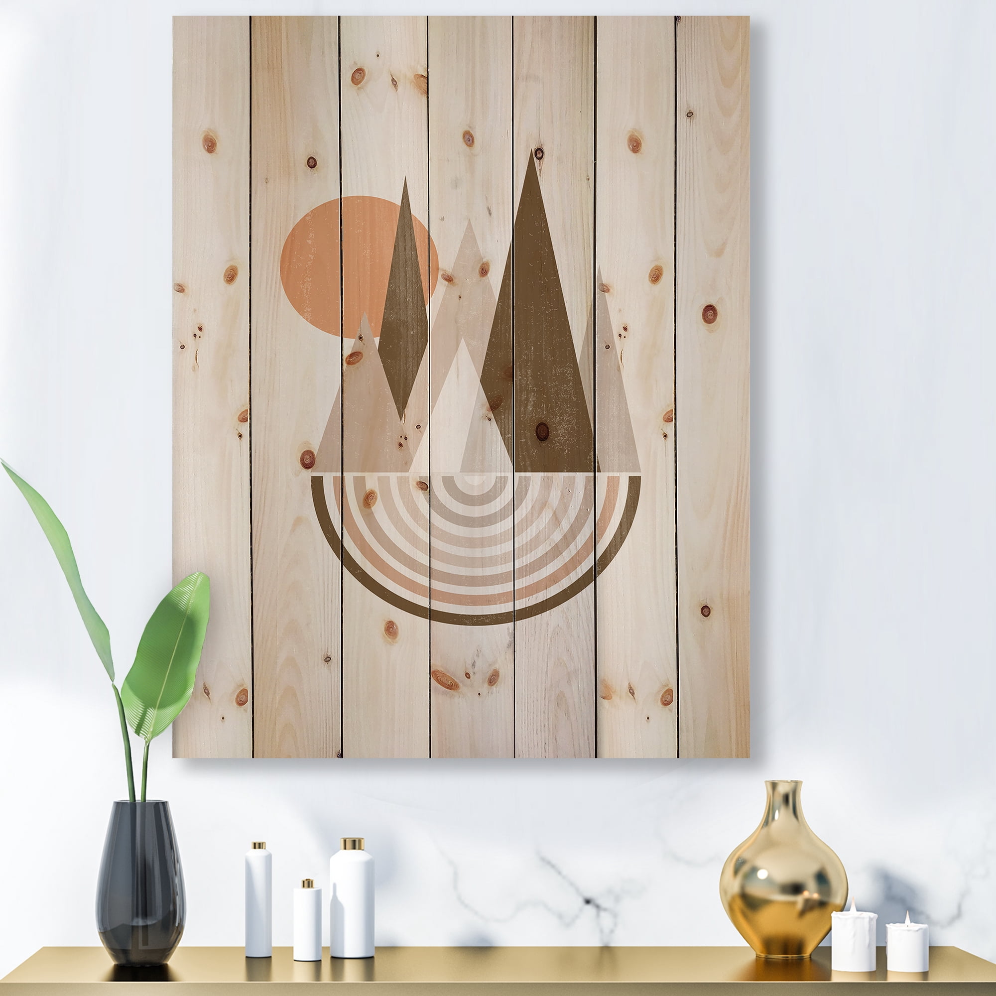 Designart 'Minimalistic Red Full moon Landscape With Mountain' Modern Print on Natural Pine Wood