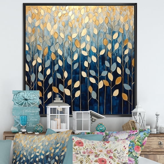 Designart "Minimalistic Scenery Of Gold And Blue Leaves" Leaves Floater Framed Canvas Prints