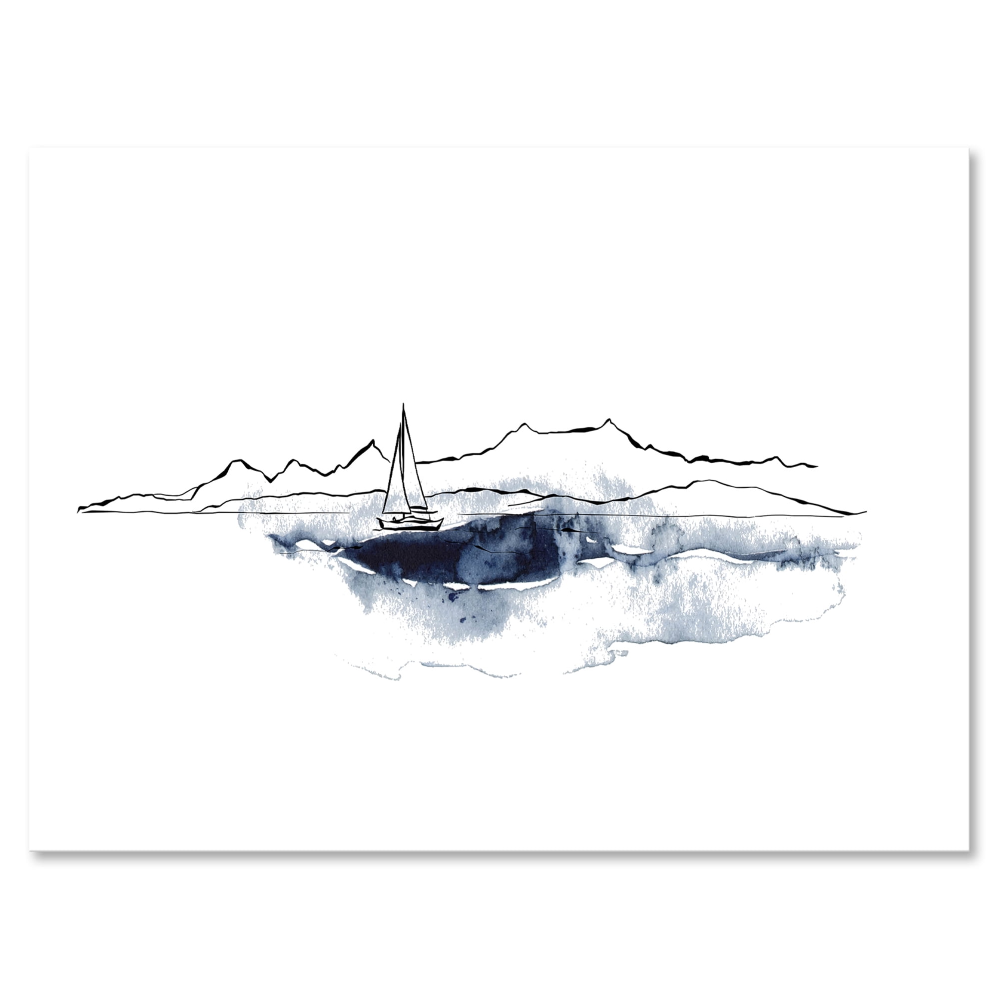 Designart ' Minimalistic Seascape With Boat and Black Mountains ' Nautical & Coastal Canvas Wall Art Print