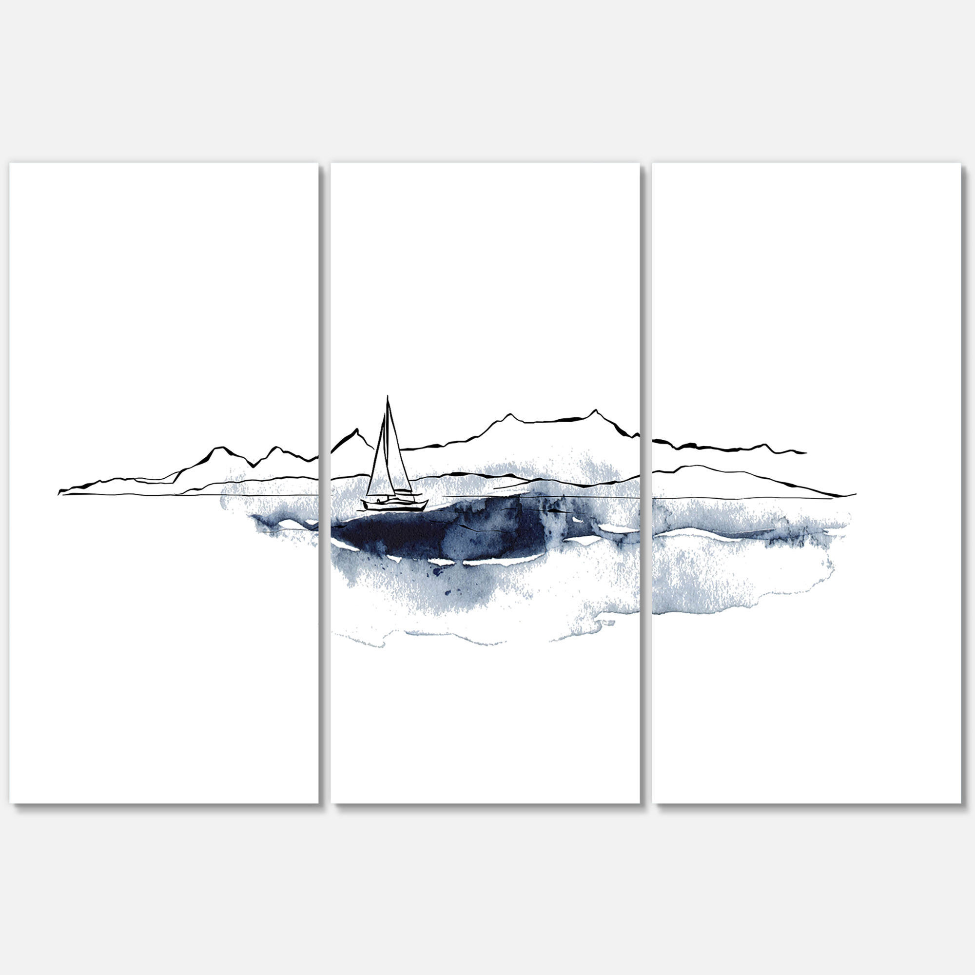 Designart ' Minimalistic Seascape With Boat and Black Mountains ' Nautical & Coastal Canvas Wall Art Print