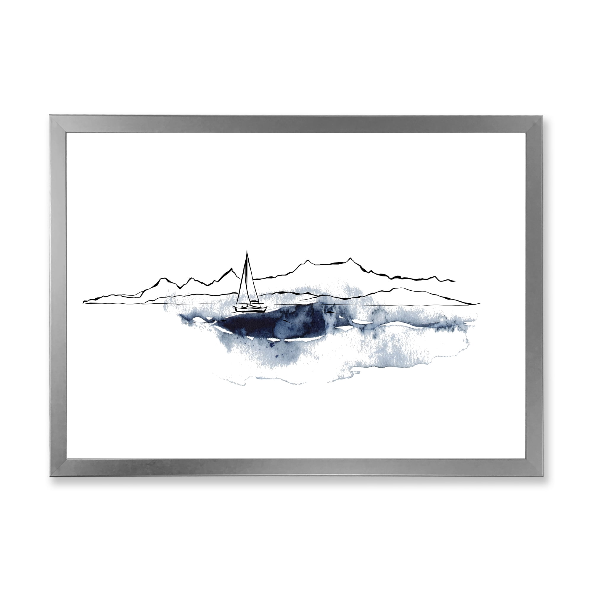 Designart 'Minimalistic Seascape With Boat and Black Mountains' Nautical & Coastal Framed Art Print