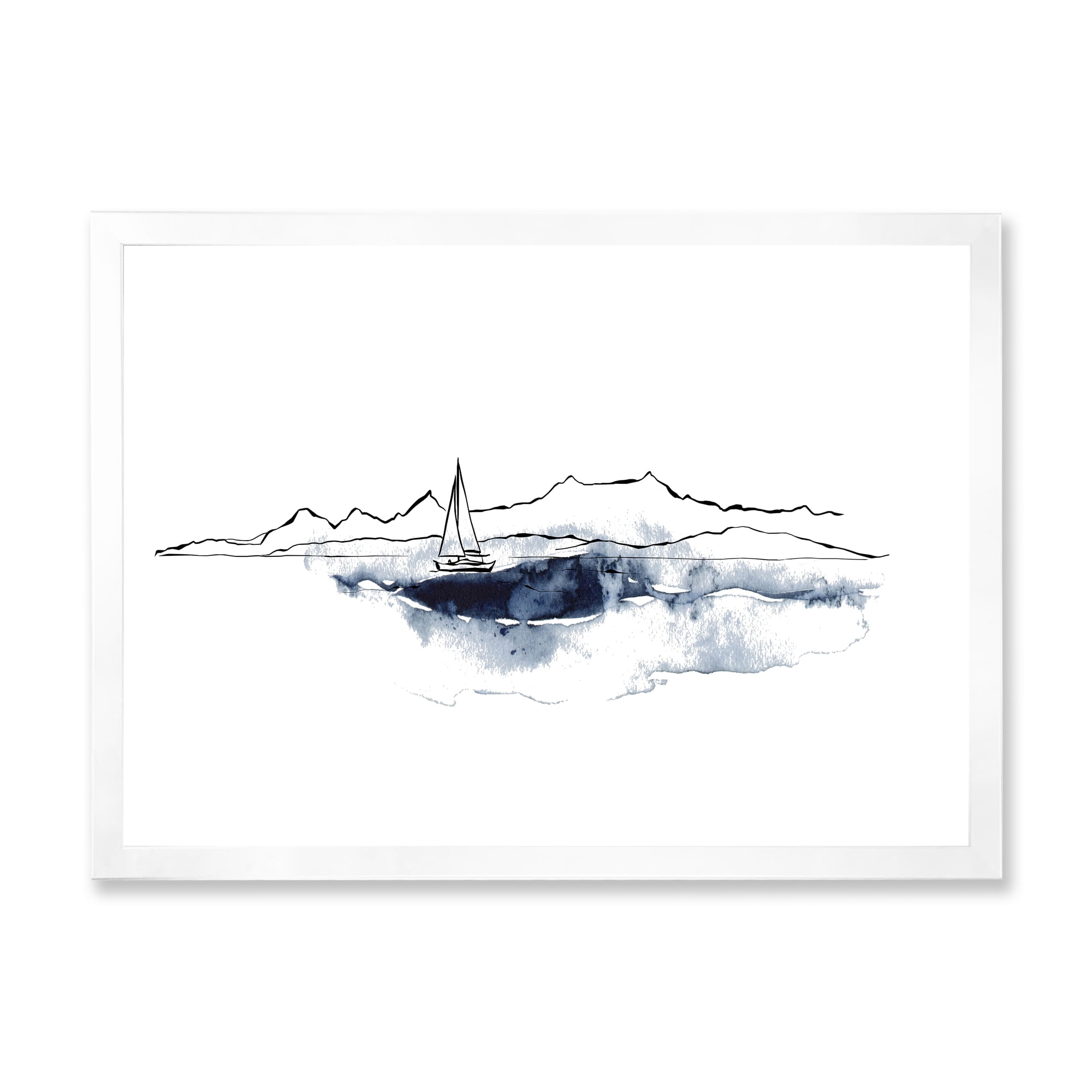 Designart 'Minimalistic Seascape With Boat and Black Mountains' Nautical & Coastal Framed Art Print