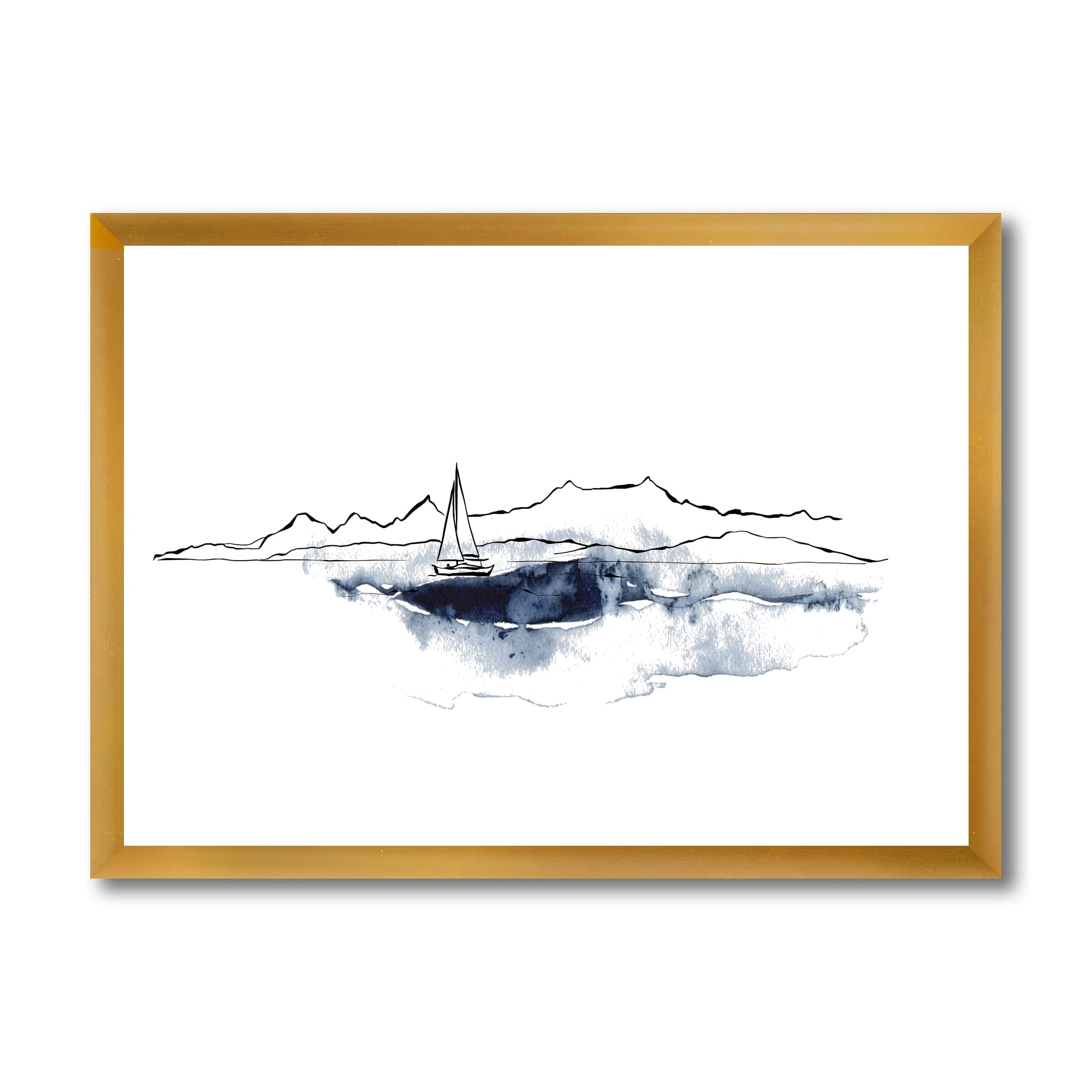 Designart 'Minimalistic Seascape With Boat and Black Mountains' Nautical & Coastal Framed Art Print