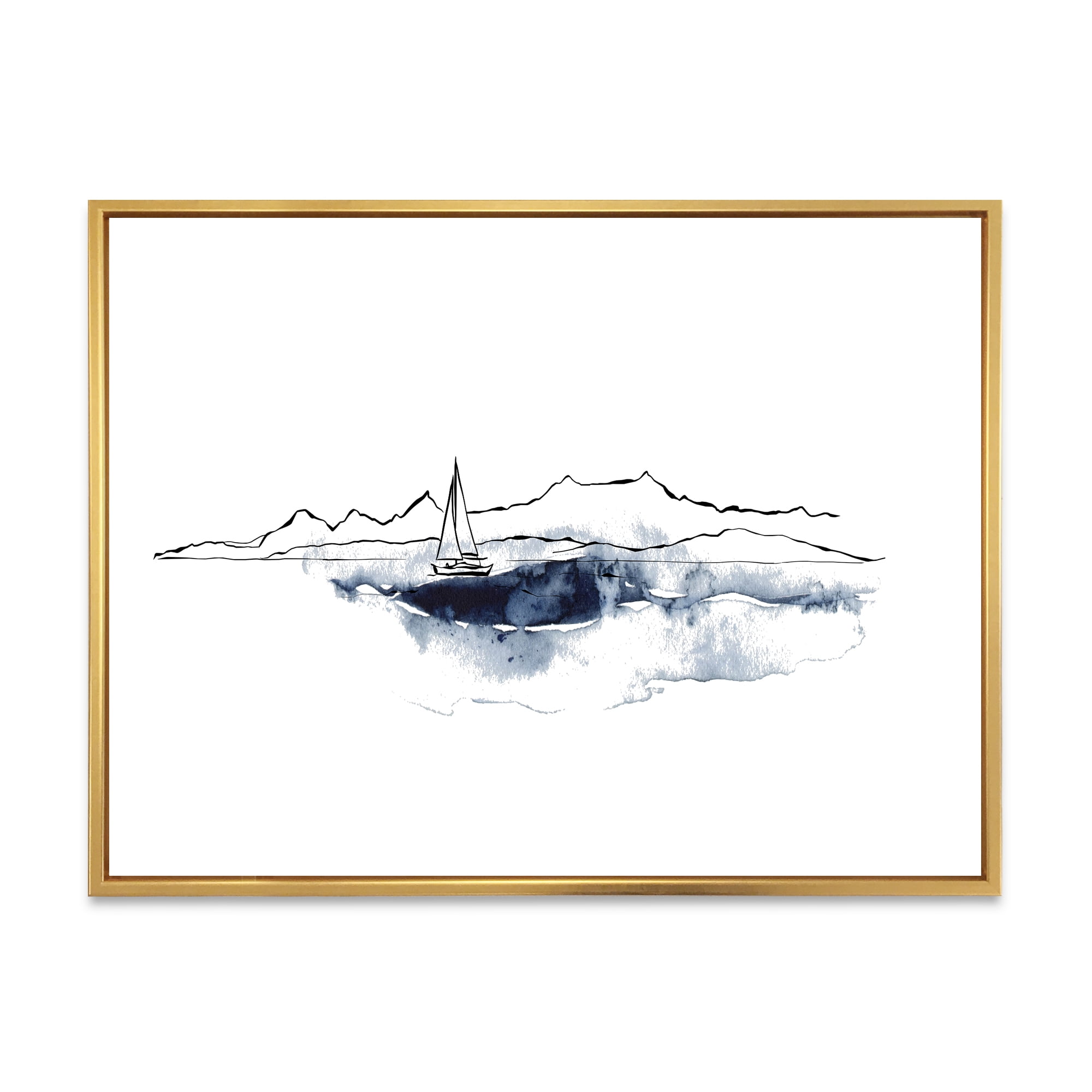 Designart 'Minimalistic Seascape With Boat and Black Mountains' Nautical & Coastal Framed Canvas Wall Art Print