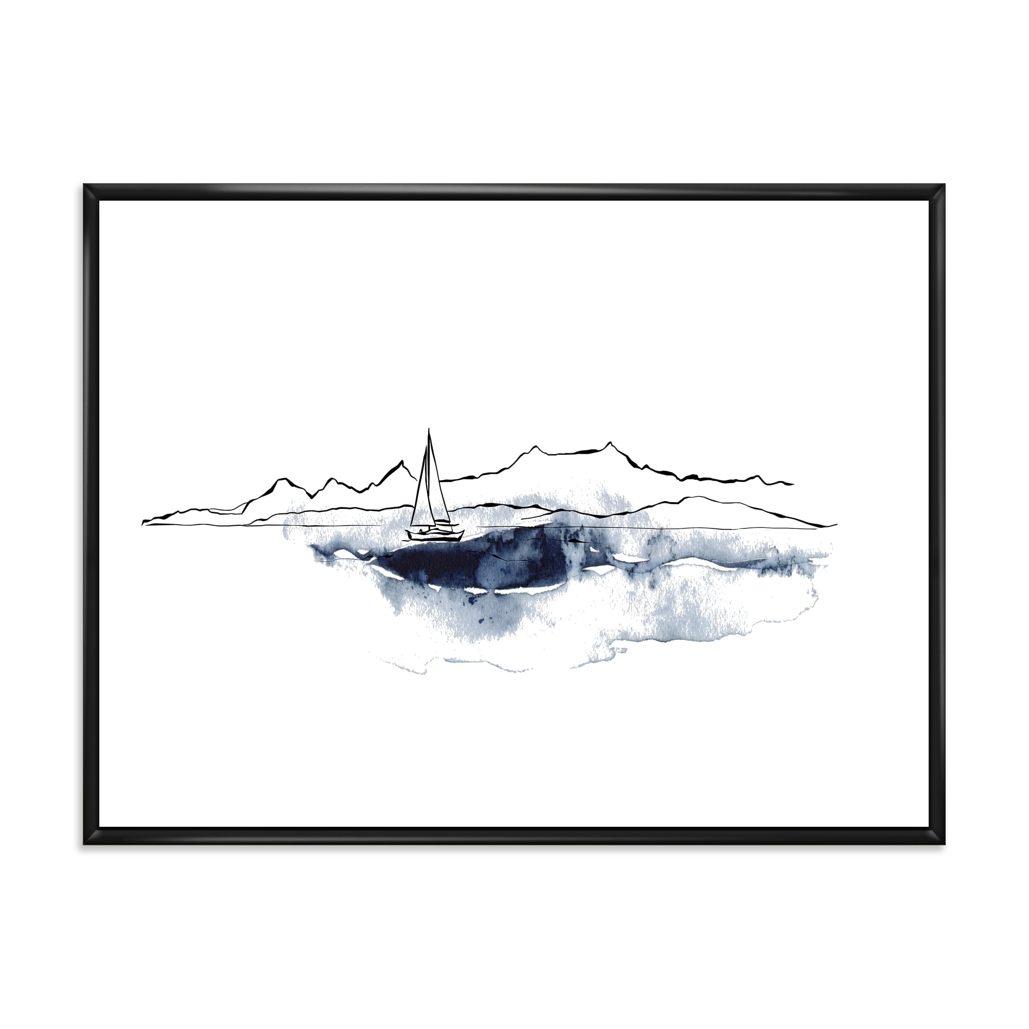 Designart 'Minimalistic Seascape With Boat and Black Mountains' Nautical & Coastal Framed Canvas Wall Art Print
