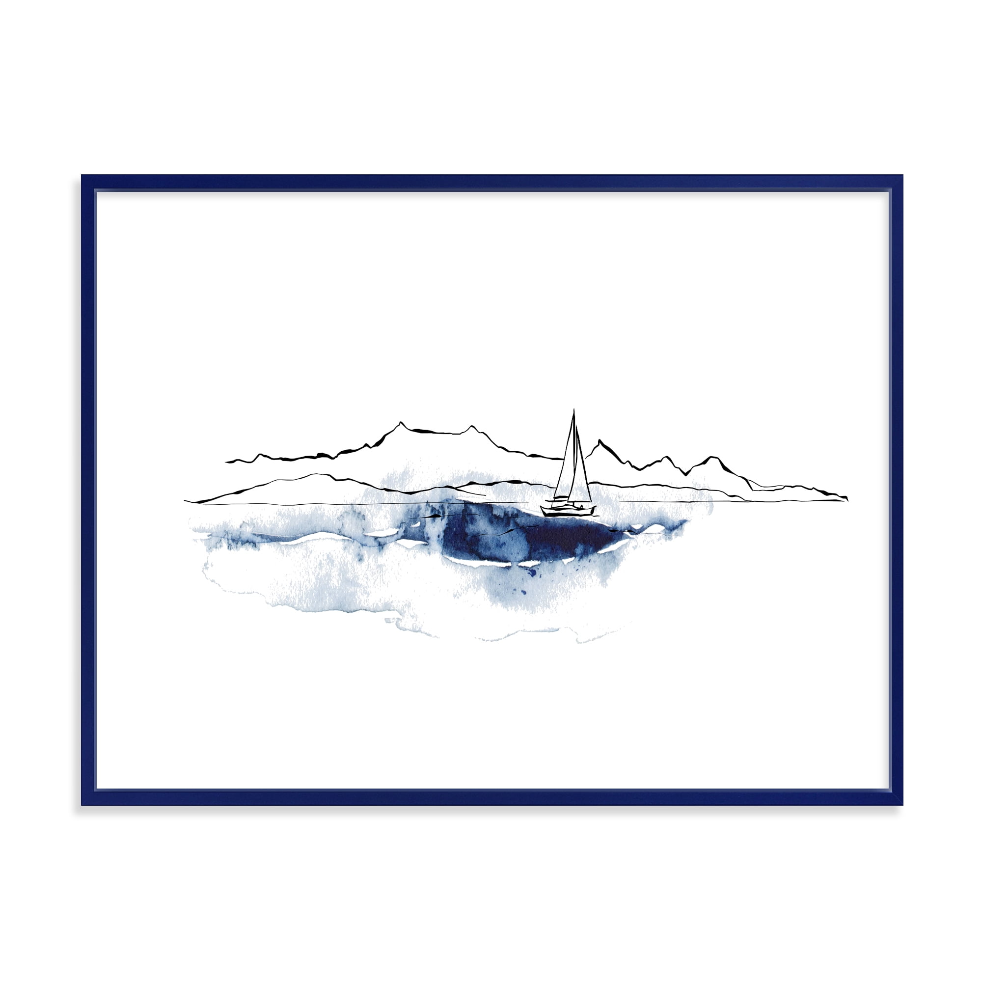 Designart 'Minimalistic Seascape With Boat and Black Mountains' Nautical & Coastal Framed Canvas Wall Art Print
