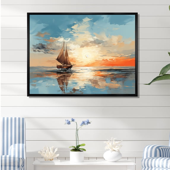 Designart "Minimalistic Skyline Of The Coastal Sunset I" Coastal Sunset Floater Framed Canvas Wall Art