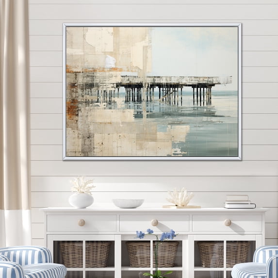 Designart "Minimalistic Watercolor Horizon Featuring A Pier I" Coastal Pier Floater Framed Wall Art Living Room