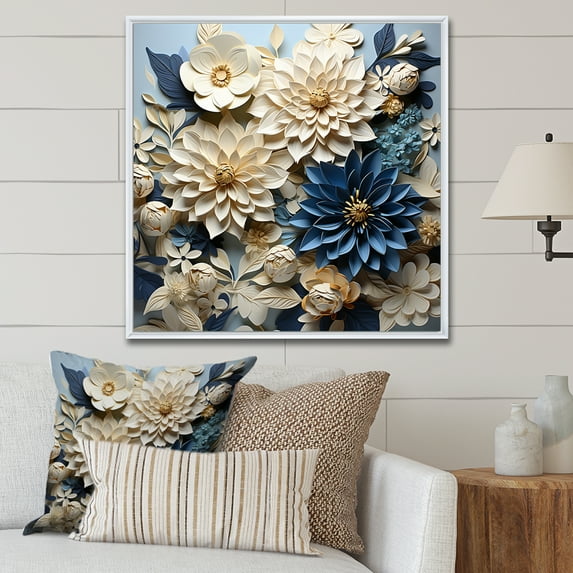 Designart "Minimalistic White And Blue Zinnias III" Zinnias Floater Framed Canvas Art Print