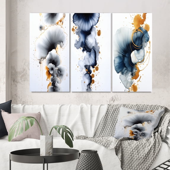 Designart "Miracle Abstract Ink Cloud with a Touch of Gold VI" Abstract Painting Wall Art Set Of 3 - Modern Blue Canvas Set For Living Room Decor