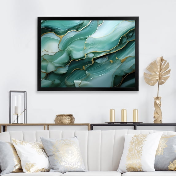 Designart "Mirage Liquid Ink in Green and Grey I" Abstract Framed Wall Art Decor - Modern Green Abstract Liquid Ink Entryway Framed Wall Art