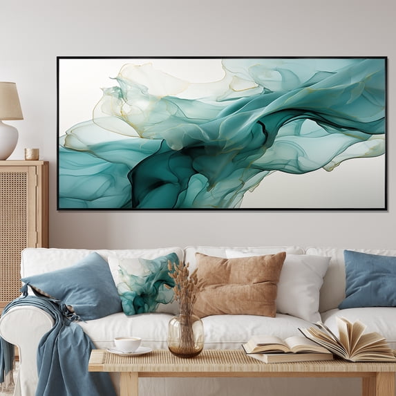 Designart "Mirage Liquid Ink in Green and Grey II" Oversized Abstract Framed Wall Art - Modern Green Abstract Liquid Ink Entryway Framed Wall Art