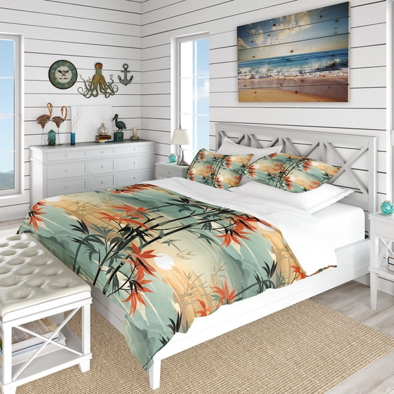 Designart "Mirage Of Green And Orange Bamboo In The Tropics I" Tropical Bedding Covert Set - Tropical Bed Set With 1 Sham