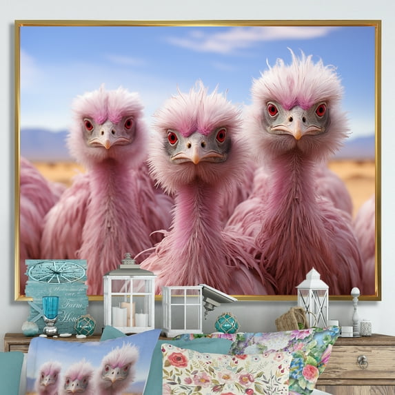 Designart "Mirage Portrait Of Pink Ostriches" Ostriches Floater Framed Wall Art Prints