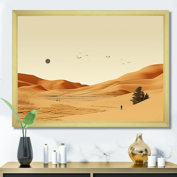 Designart "Mirage of Desert Moonlight" Landscapes Framed Wall Art Decor - Global Yellow Desert Hallway Framed Wall Art Decor