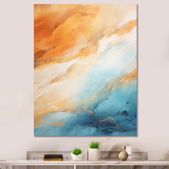 Designart "Mirage of the Desert in Blue and Orange I" Abstract Canvas Wall Art - Modern Blue Tachisme Hallway Wall Art Decor