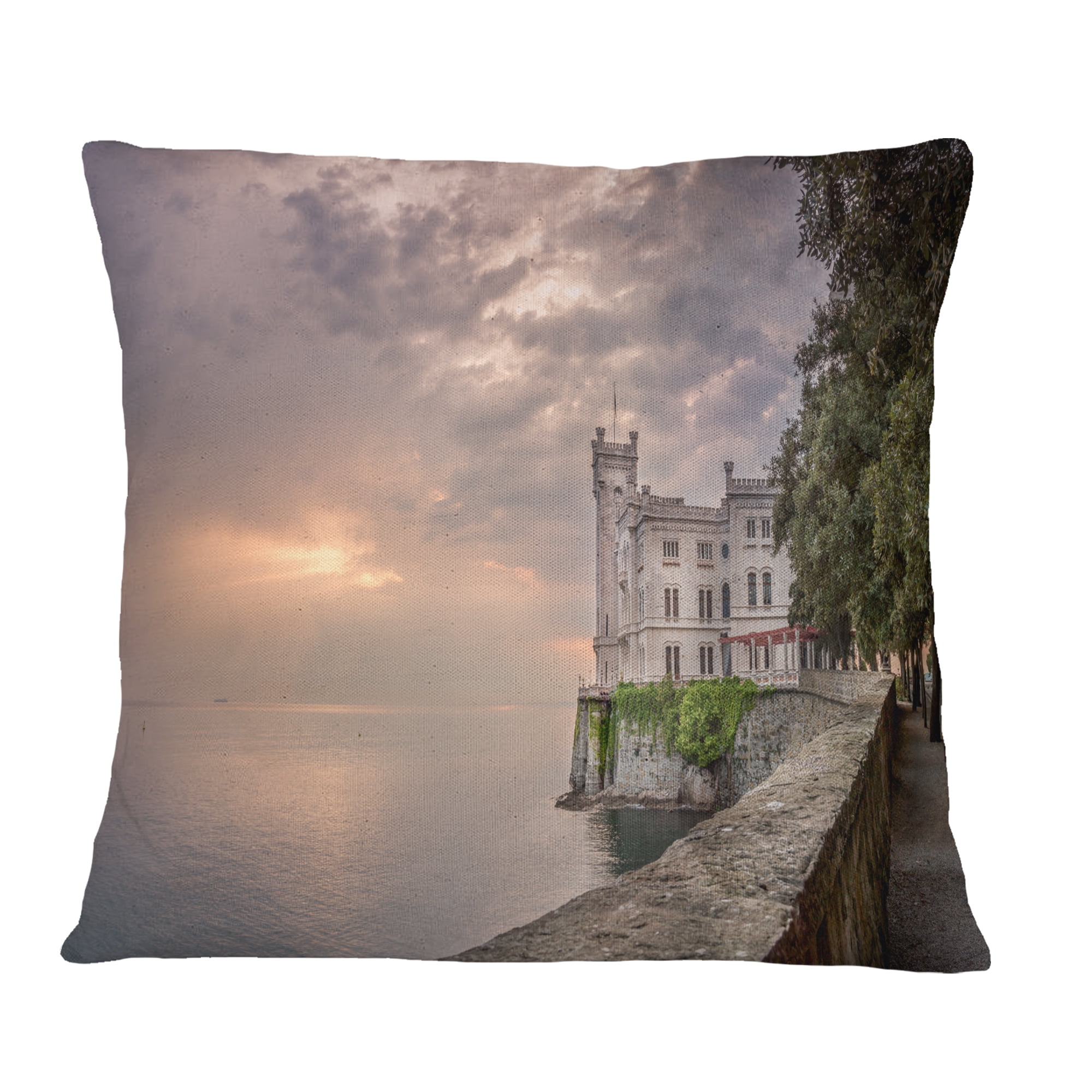 Designart Miramare Castle at Sunset - Landscape Printed Throw Pillow - 18x18