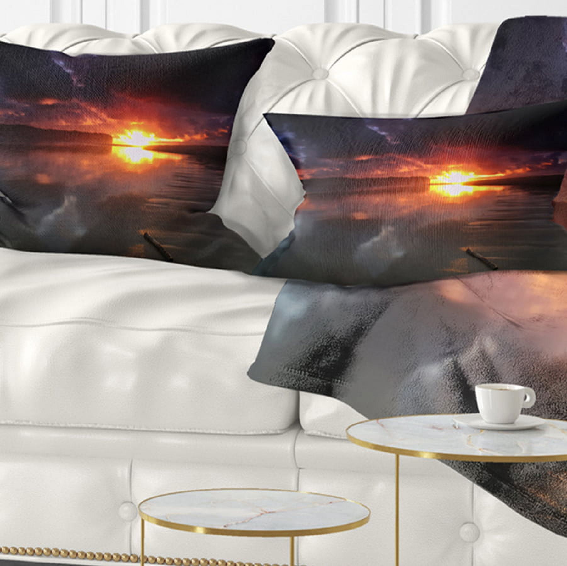 Designart Mirrored Sun in Cloudy Dark Seashore - Seashore Throw Pillow - 12x20