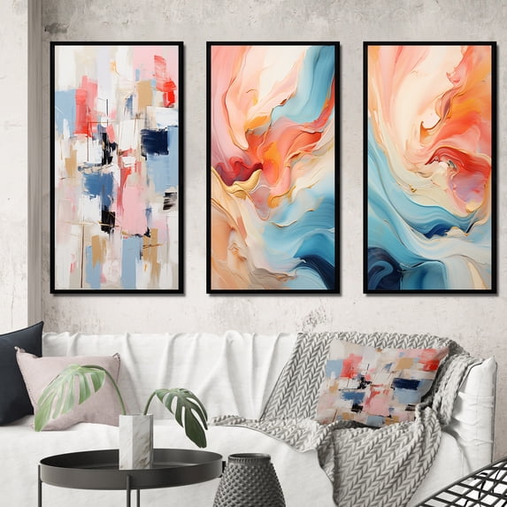 Designart "Missing You Abstract in Blue and Red" Abstract Painting Framed Wall Art Set Of 3 - Pink Modern Frame Canvas Set For Living Room Decor