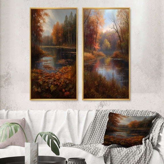 Designart "Misty Autumn Lake Watercolor Ambiance I" Lakehouse Framed Wall Art Set Of 2 - Lake House Green Framed Canvas Set For Living Room Decor