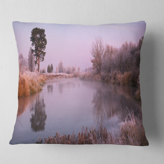 Designart Misty Autumn Sunrise Over River - Landscape Printed Throw Pillow - 16x16